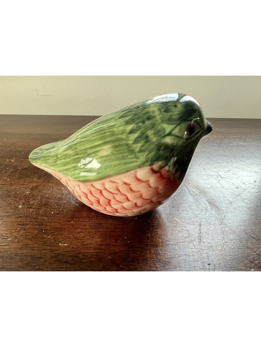 Hand Painted Ceramic Hummingbird Figure Green Pink 4"